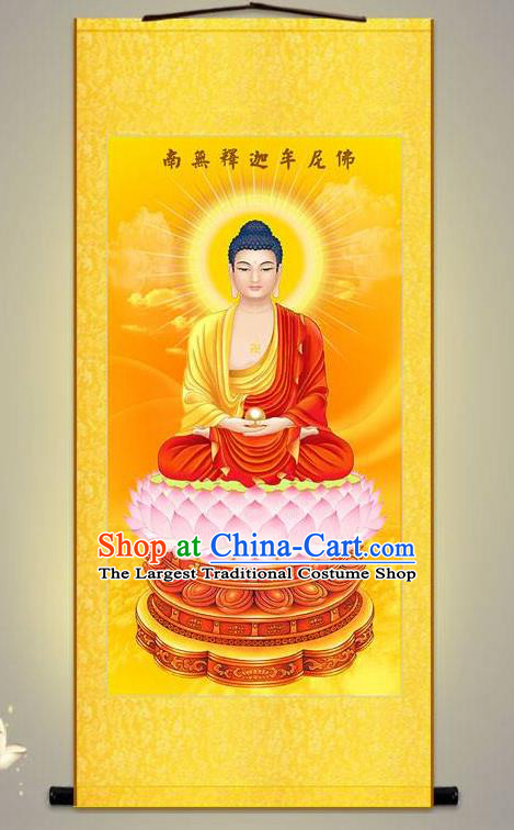 Chinese Hand Painting Shakyamuni Scroll Picture Artwork Traditional Buddhism Painting Silk Fabric Buddha Figure