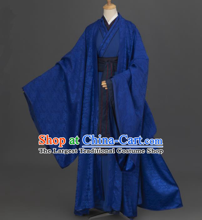 China Cosplay Prince Garment Costumes Traditional Hanfu Apparels Ancient Young Childe Deep Blue Clothing