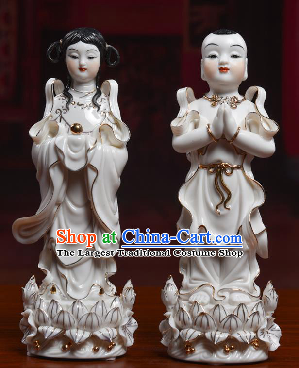 Chinese De Hua Ceramic Craft Handmade Dragon Girl Hong Hai Er Porcelain Statues