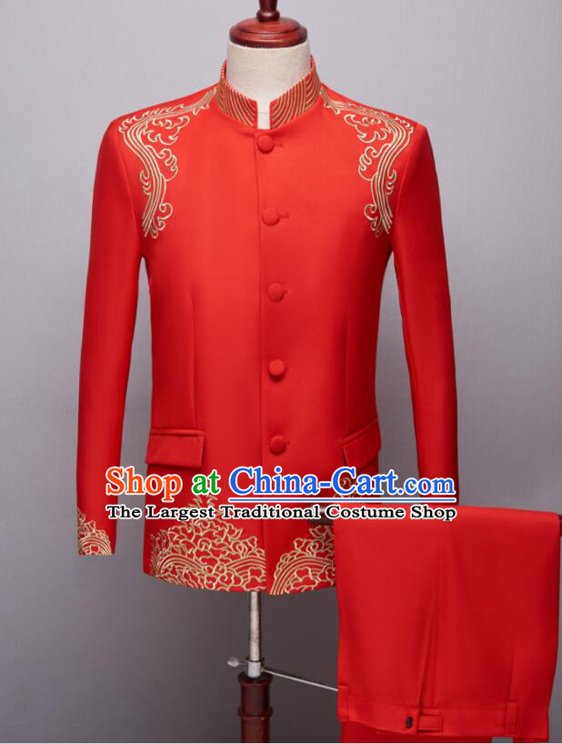 Chinese Groom Red Clothing Wedding Suits Traditional Tang Zhuang Embroidered Costumes