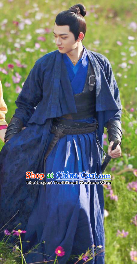 China Romance Drama The Blessed Girl Yuan Yi Costumes Traditional Swordsman Clothing Ancient King Blue Garments