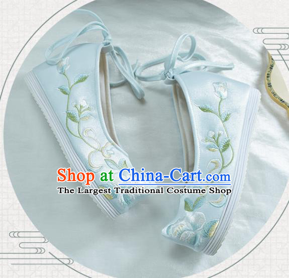 China Traditional Hanfu Bow Shoes National Women Cloth Shoes Embroidered Light Blue Shoes