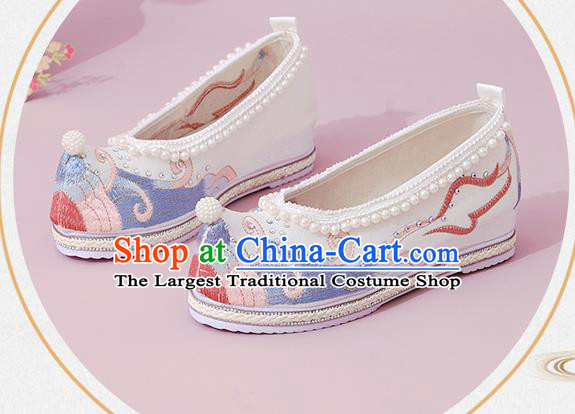 China National Shoes Classical Dance White Cloth Shoes Traditional Embroidered Pearls Shoe