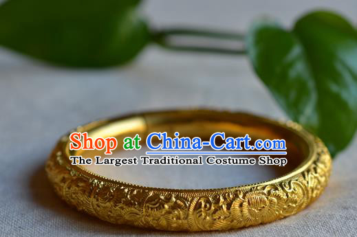 China National Carving Peony Golden Bracelet Jewelry Traditional Handmade Qing Dynasty Bangle Accessories