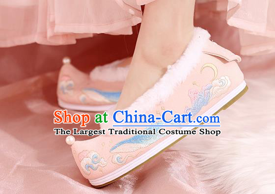 China Winter Hanfu Shoes Embroidered Shoes Ming Dynasty Princess Shoes National Pink Cloth Shoes