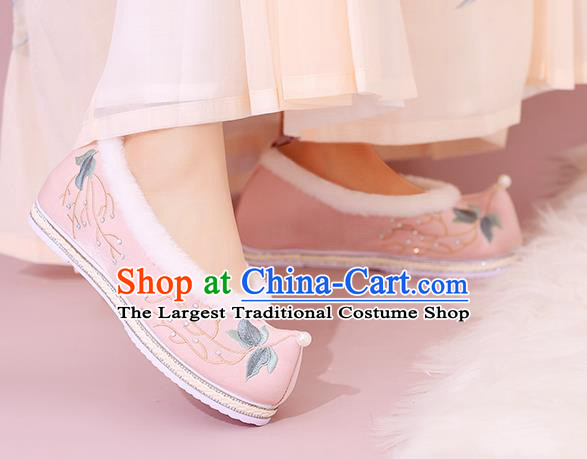 China National Winter Shoes Traditional Hanfu Shoes Embroidered Shoes Pink Cloth Shoes