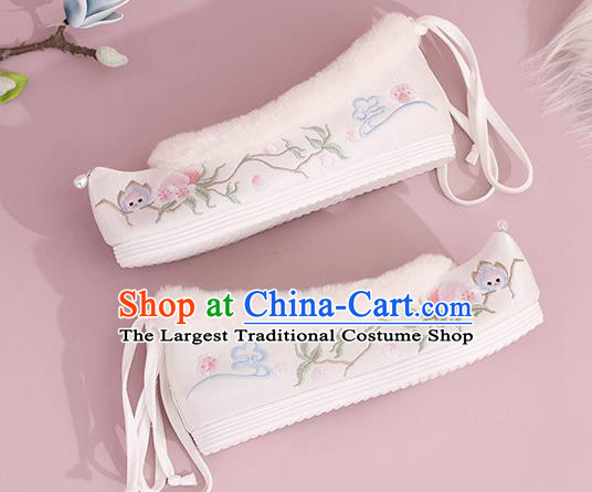 China Embroidered Peach Flowers Shoes National Winter Shoes Traditional Hanfu Princess Shoes White Cloth Shoes