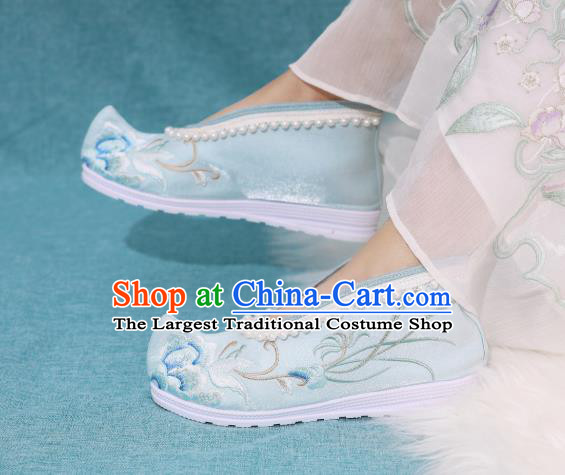 China Ancient Embroidered Shoes National Light Blue Cloth Shoes Traditional Ming Dynasty Princess Shoes