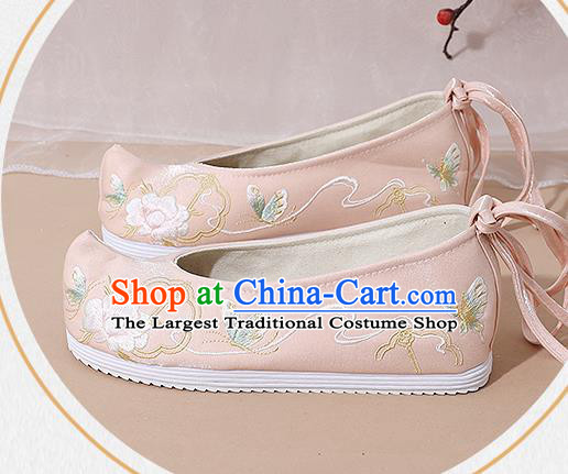 China Song Dynasty Young Lady Embroidered Shoes National Pink Cloth Shoes Traditional Hanfu Shoes