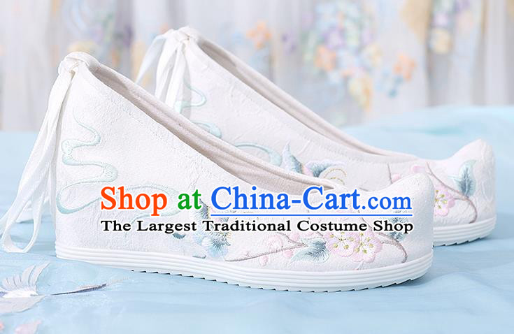 China Embroidered Plum Butterfly Shoes Traditional White Cloth Shoes National Wedge Heel Shoes