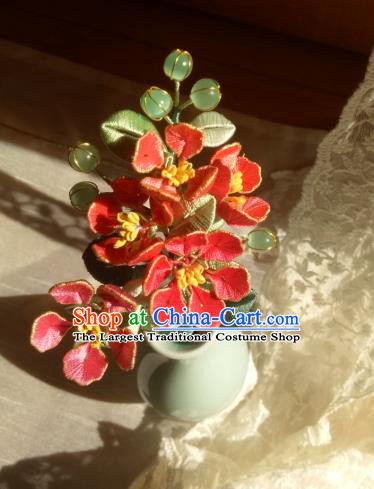 Chinese Ancient Princess Red Silk Flowers Hair Stick Traditional Hanfu Green Beads Hairpin