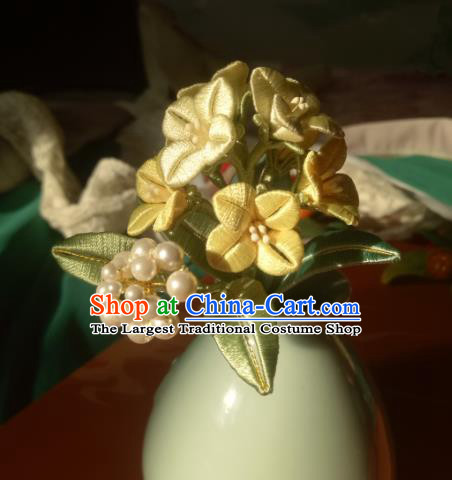 Chinese Traditional Hanfu Yellow Silk Rape Flower Hairpin Ancient Princess Pearls Hair Stick