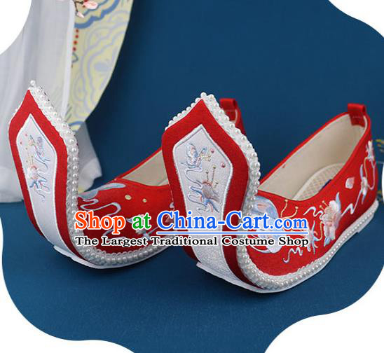 China Ancient Princess Embroidered Shoes Traditional Song Dynasty Shoes Handmade Wedding Red Cloth Shoes