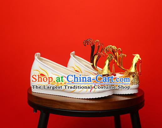 China Handmade Bride White Satin Shoes Golden Phoenix Shoes Traditional Wedding Shoes