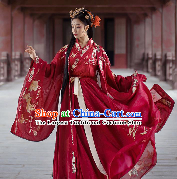 China Ancient Palace Lady Red Hanfu Dress Traditional Jin Dynasty Wedding Historical Costumes Embroidered Clothing Complete Set