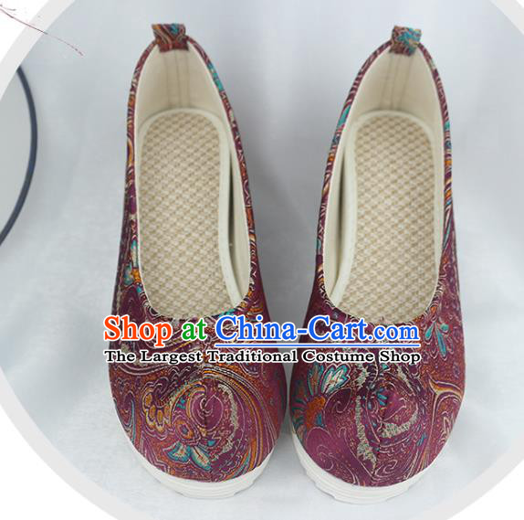 China Traditional Hanfu Bow Shoes Handmade National Purple Brocade Shoes