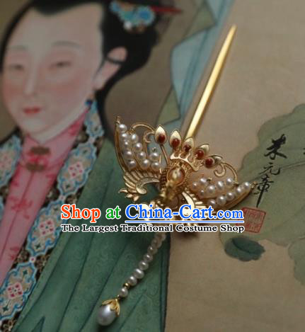 Chinese Traditional Pearls Tassel Phoenix Hairpin Hanfu Hair Accessories Ancient Ming Dynasty Empress Golden Hair Stick