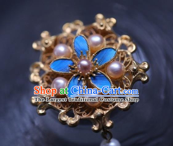 Chinese Traditional Ming Dynasty Pearls Earrings Accessories Ancient Empress Cloisonne Flower Ear Jewelry