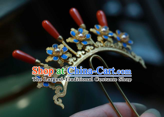 Chinese Ancient Ming Dynasty Empress Agate Pearls Hair Stick Handmade Hair Accessories Traditional Court Cloisonne Plum Blossom Hairpin