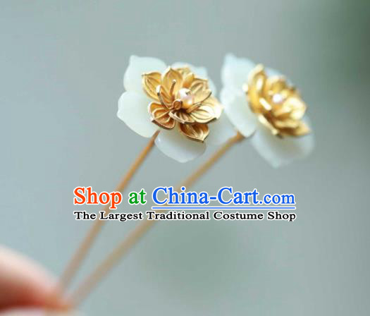 Chinese Ancient Empress Golden Lotus Hair Stick Handmade Hair Accessories Traditional Court Jade Hairpin