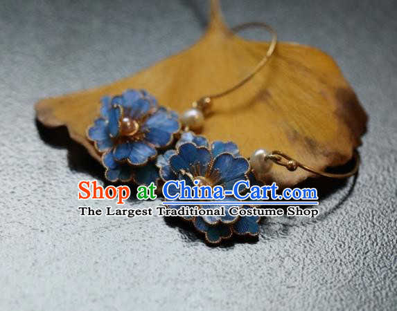 Chinese Traditional Qing Dynasty Court Woman Pearls Earrings Accessories Ancient Empress Cloisonne Peony Ear Jewelry