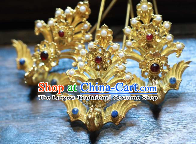 Chinese Traditional Ming Dynasty Gems Hair Crown Handmade Hair Accessories Ancient Empress Golden Phoenix Hairpin