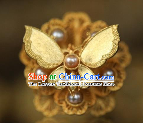 China National Golden Butterfly Ring Jewelry Traditional Handmade Qing Dynasty Pearls Circlet Accessories