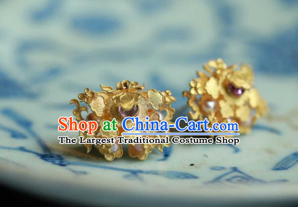 Chinese Traditional Ming Dynasty Pearls Golden Earrings Accessories Ancient Empress Tourmaline Ear Jewelry