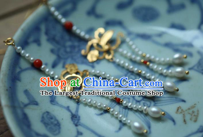 Chinese Traditional Court Golden Cloud Earrings Accessories Ancient Ming Dynasty Pearls Tassel Ear Jewelry