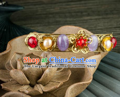 Chinese Ancient Court Woman Gems Hair Stick Traditional Ming Dynasty Empress Golden Hairpin