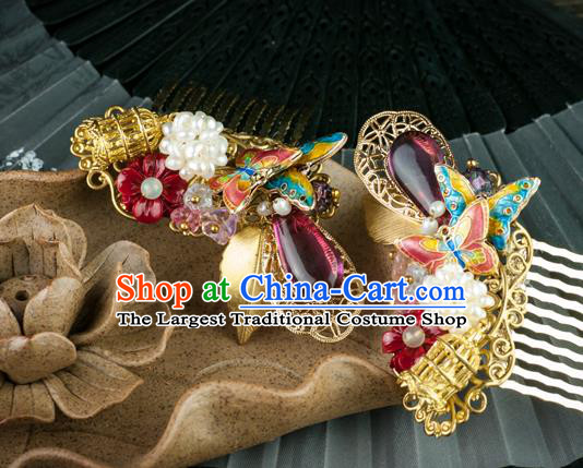 Chinese Ancient Princess Cloisonne Butterfly Hair Comb Traditional Ming Dynasty Palace Lady Pearls Hairpin