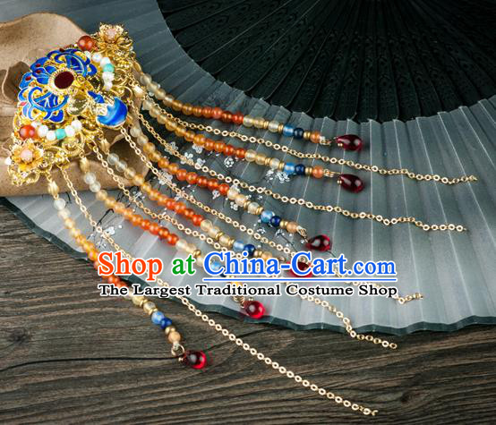 Chinese Traditional Ming Dynasty Princess Beads Tassel Hairpin Ancient Palace Lady Cloisonne Peony Hair Stick