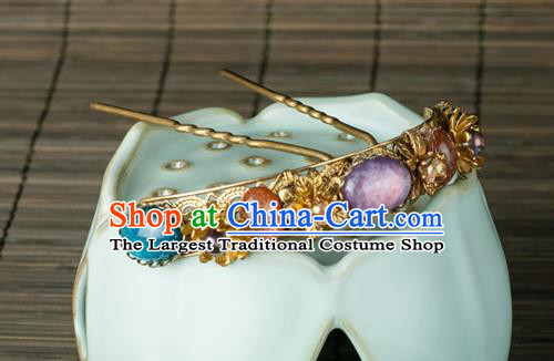 Chinese Ancient Palace Lady Gems Hair Stick Traditional Ming Dynasty Amethyst Hairpin