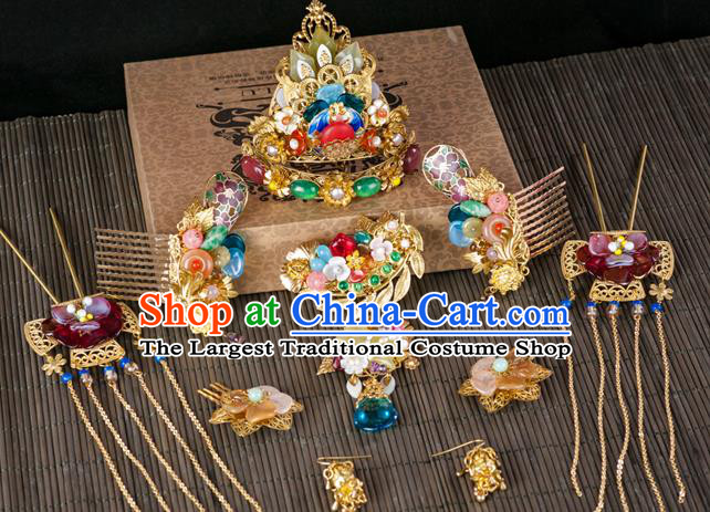 Chinese Ancient Court Empress Hair Accessories Traditional Ming Dynasty Jade Hair Crown and Hairpins Complete Set