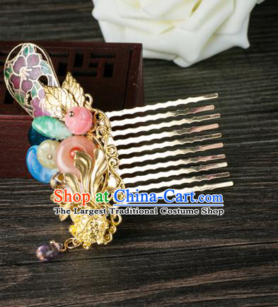 Chinese Ancient Court Princess Cloisonne Hair Comb Traditional Ming Dynasty Palace Lady Rose Quartz Hairpin