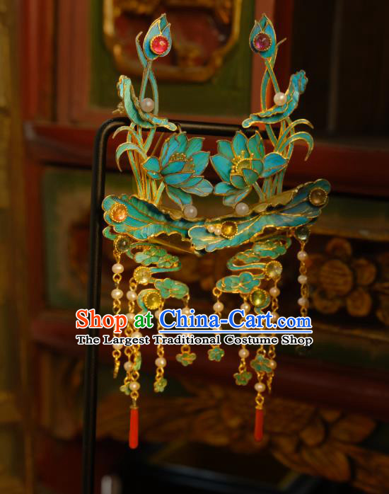 Chinese Traditional Qing Dynasty Cloisonne Lotus Earrings Accessories Ancient Court Woman Ear Jewelry