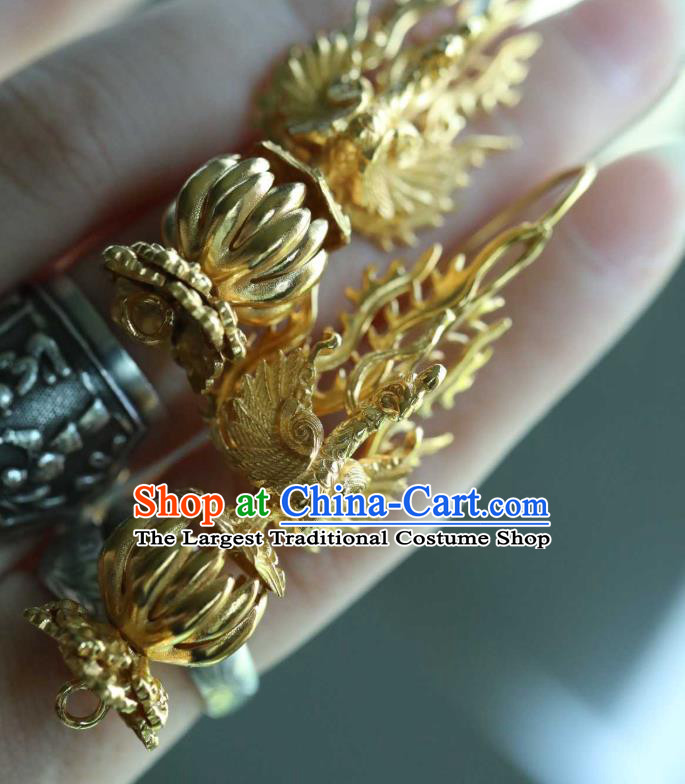 Chinese Traditional Ming Dynasty Court Earrings Accessories Ancient Palace Queen Golden Phoenix Ear Jewelry