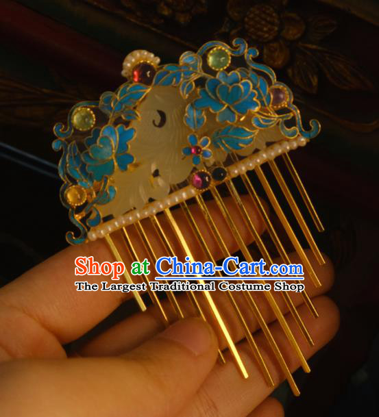 Chinese Ancient Princess Jade Hair Comb Traditional Qing Dynasty Pearls Hairpin Gems Hair Jewelry