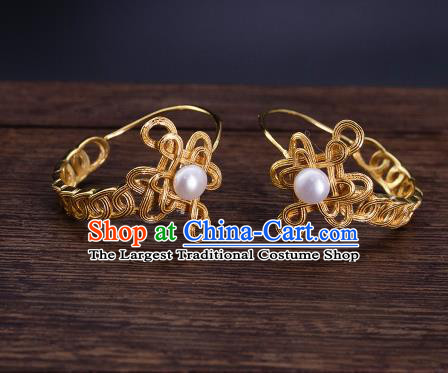 Chinese Ancient Court Empress Golden Ear Jewelry Traditional Ming Dynasty Queen Earrings Pearl Accessories