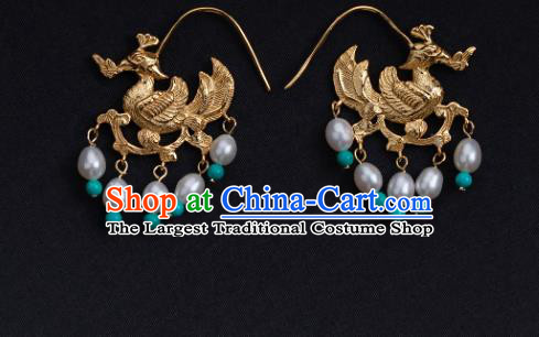 Chinese Ancient Song Dynasty Queen Pearls Ear Jewelry Traditional Empress Golden Phoenix Earrings Accessories