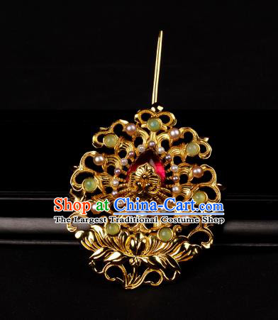 Chinese Ancient Hanfu Hair Accessories Golden Lotus Hairpin Traditional Ming Dynasty Pearls Hair Crown