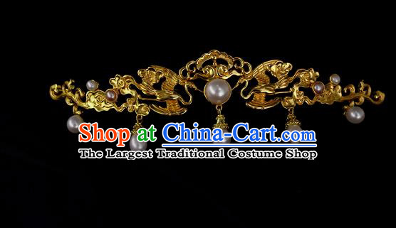 Chinese Ancient Hanfu Hair Accessories Traditional Ming Dynasty Golden Crane Hair Crown Handmade Pearls Tassel Hairpins