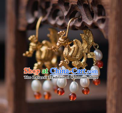 Chinese Traditional Song Dynasty Empress Golden Phoenix Earrings Accessories Ancient Queen Pearls Ear Jewelry