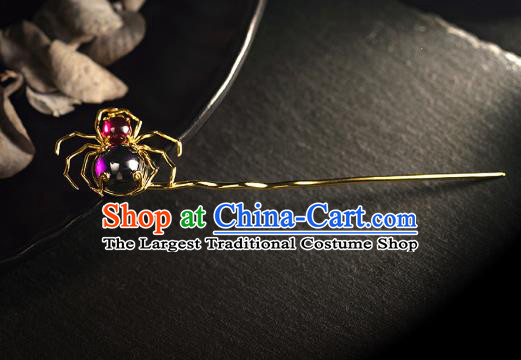 Chinese Ancient Court Queen Amethyst Hairpin Handmade Hair Accessories Traditional Ming Dynasty Golden Spider Hair Stick