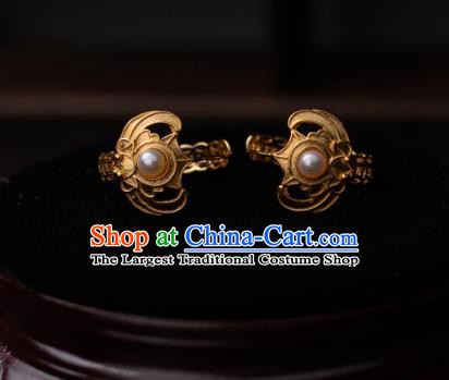 Chinese Traditional Qing Dynasty Empress Golden Bat Earrings Accessories Ancient Court Lady Pearls Ear Jewelry