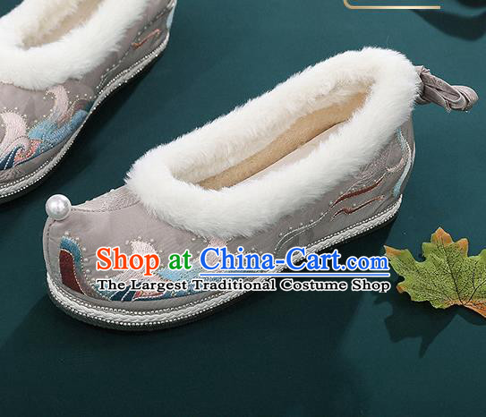 China Handmade National Grey Cloth Shoes Embroidered Shoes Hanfu Bow Shoes Traditional Winter Shoes