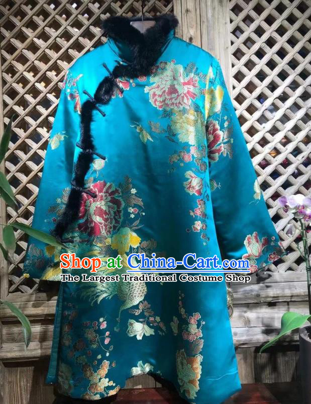 China Traditional Peacock Peony Pattern Jacket National Tang Suit Outer Garment Classical Blue Silk Cotton Wadded Coat