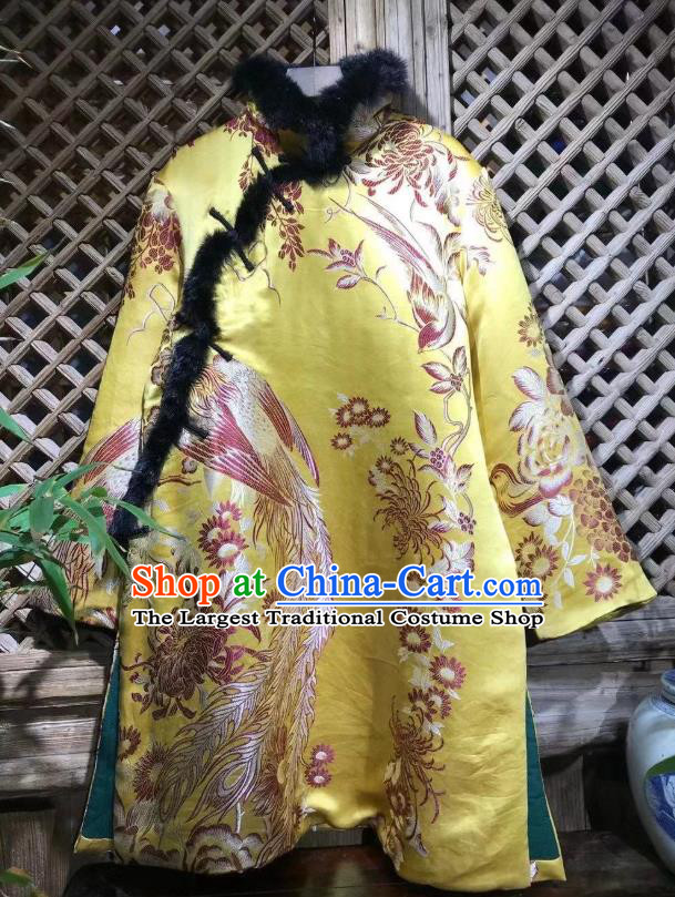 China Traditional Yellow Silk Cotton Wadded Jacket National Tang Suit Outer Garment Classical Chrysanthemum Pattern Coat