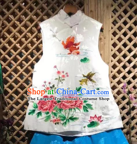 Republic of China Tang Suit White Silk Waistcoat Embroidered Peony Vest Clothing