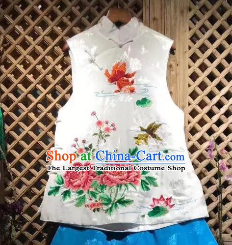 Republic of China Tang Suit White Silk Waistcoat Embroidered Peony Vest Clothing